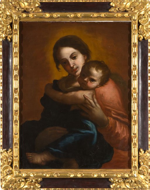 Pittore napoletano della fine del XVII secolo: Pittore napoletano della fine del XVII secolo Vergine con il Bambino Olio su tela cm 87x68