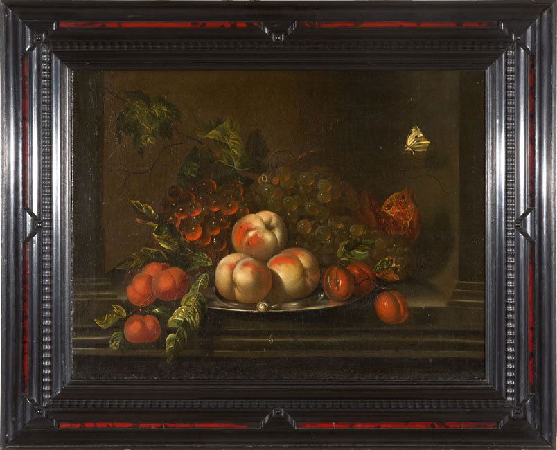 Attribuibile a Willem Van Aelst (1627 - dopo il 1683): Attribuibile a Willem Van Aelst (1627 - dopo il 1683) Natura morta con frutti e farfalla Olio su tela cm 70x86