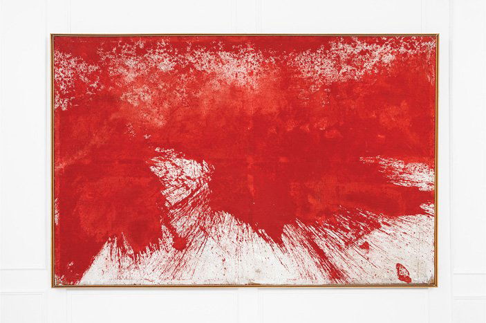 Hermann Nitsch: Pittura-azione N 0/0 Pittura murale su juta, 1984. Parte di un'istallazione presso la Galleria Franz Paludetto di Torino. cm 190x290 Dichiarazione di autenticit rilasciata su fotografia dall'artista