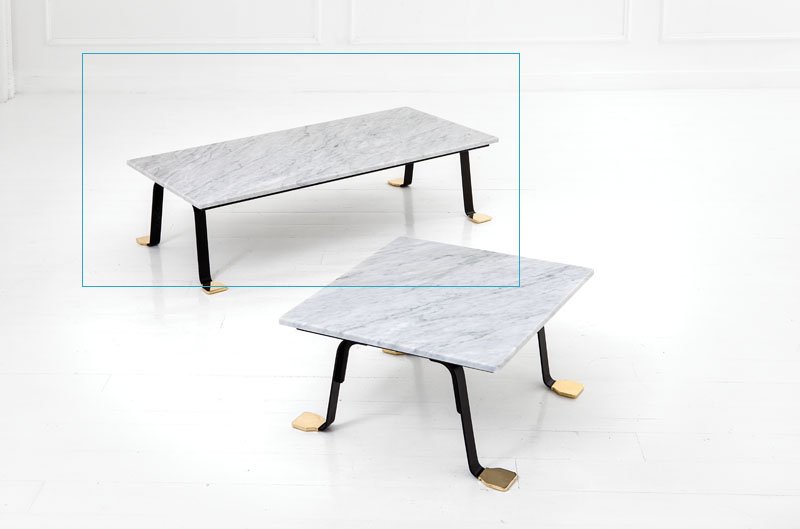 Officine Bolognesi: Tavolo basso Metallo smaltato, ottone, piano in marmo di Carrara. Prod. Officine Bolognesi, 2014 cm 33x125x60