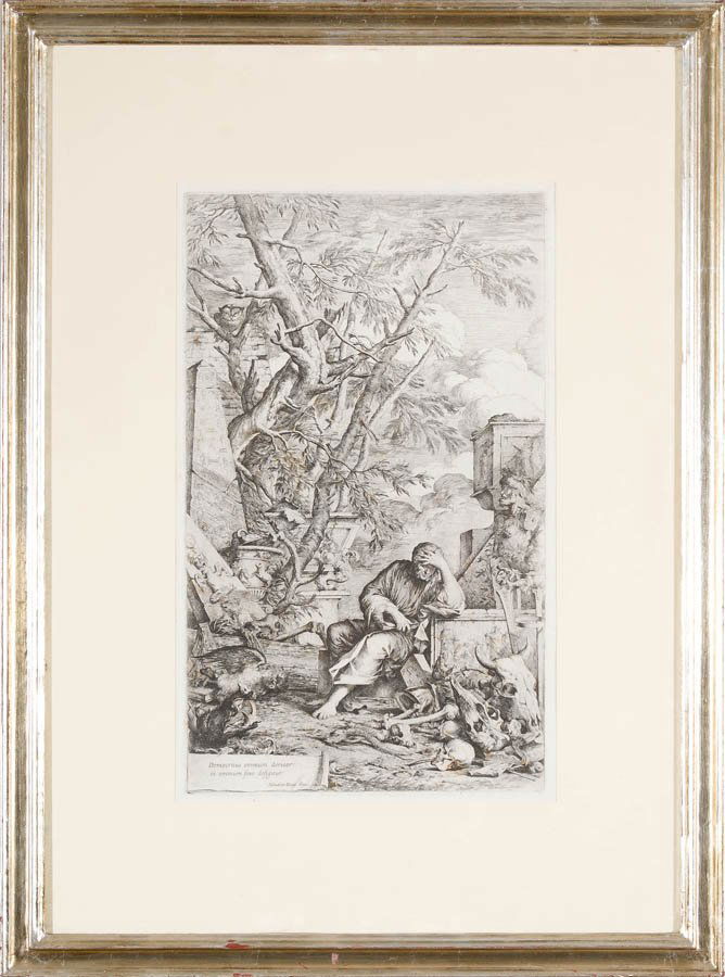 Salvator Rosa: Democrito in meditazione, 1662 Acquaforte e puntasecca originale, firmata in lastra. Bella prova nell'unico stato, conservazione perfetta ad eccezione di leggerissime macchie. Ampi margini tutt'intorn