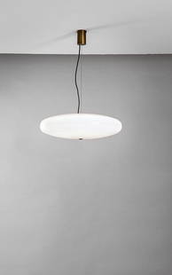 Gino Sarfatti: Ceiling lamp, model 2065 F Snap-fit two cup diffuser in opal methacrylate, polished brass rose. Manufactured by Arteluce, 1950-53 ca. h 66 cm, diam. 53 cm Literature: M. Romanelli, S. Severi, Gino Sar