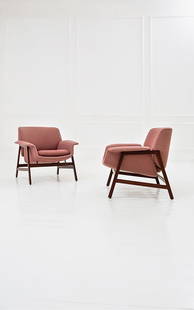Gianfranco Frattini: Two lounge chairs, model 849 Walnut wood, fabric. Manufactured by Cassina, 1957 ca. 74x83x66 cm Literature: Domus, n. 371, ottobre 1960, p. 45, pubblicitÃ ; Giuliana Gramigna, Repertorio del design