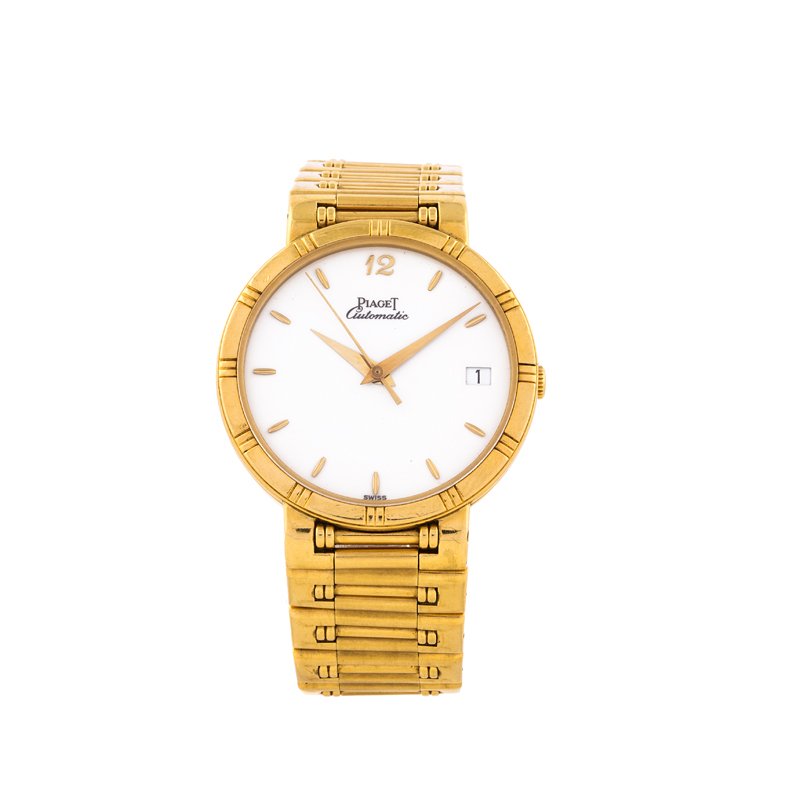 Piaget: Solo tempo, modello Dancer Anni '90 Diametro 36mm Cassa in oro in tre parti con lunetta incisa; bracciale integrato con maglia centrale cilindrica. Quadrante con indici applicati. Movimento automatico