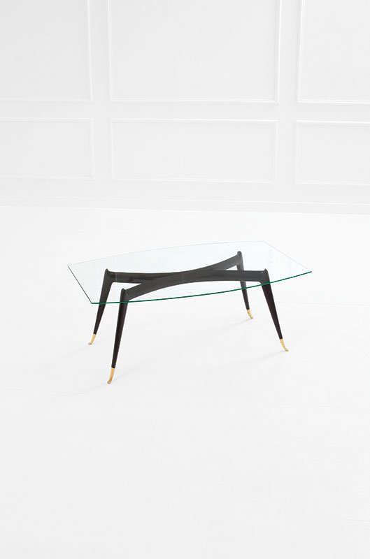 Coffee table: Coffee table Polished brass, ebonised wood, cut glass. Italy, 1950s 47x117x64 cm