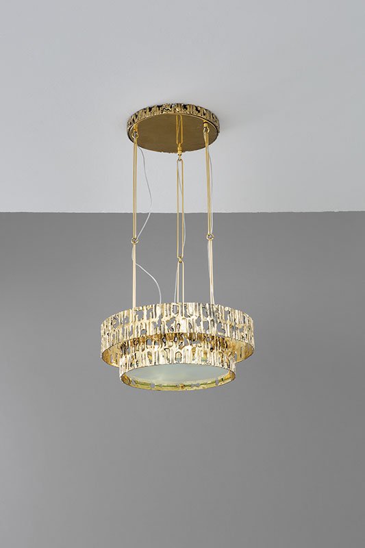 Angelo Brotto: Ceiling lamp Gilded bronze fusion, frosted glass diffuser. Manufactured by Esperia, 1970s Signature engraved on lamp socket. h 78 cm, diameter 42 cm