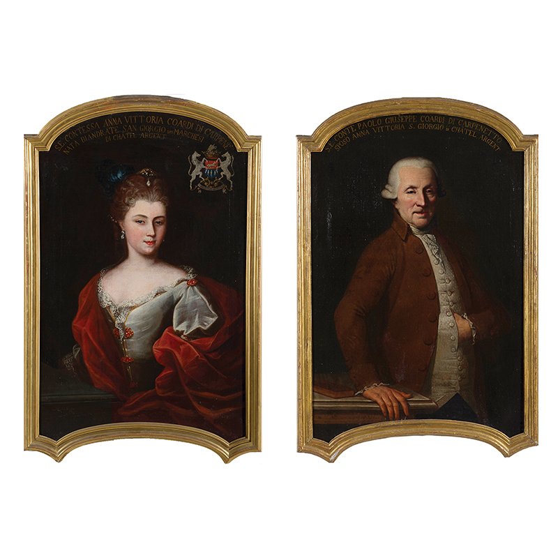 Pittore piemontese della metà del XVIII secolo: Pittore piemontese della metà del XVIII secolo Rtratto di Anna Vittoria e Paolo Giuseppe Coardi di Carpeneto Entrambi olio su tela cm 116x78 Il conte Giuseppe Paolo Maria Coardi di Carpeneto nacque a