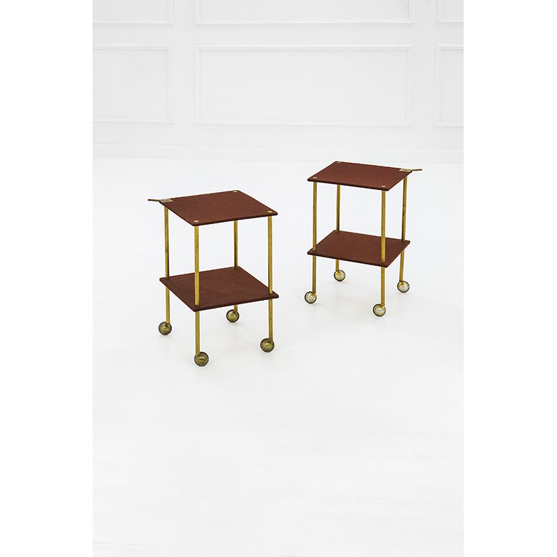 Luigi Caccia Dominioni: Due carrelli_x000D_ Ottone lucido, compensato rivestito in panno._x000D_ Prod. Azucena, 1957 ca._x000D_ cm 60x35x35 Literature: Domus, n. 337, dicembre 1957, p. 107.
