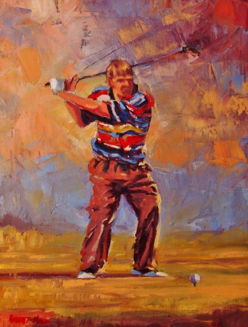 Robert Mason, Oil on Canvas,: believed to be John Daly, golfer in swing, 18" x 14", Signed lower left,
