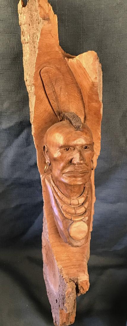 Cottonwood Carving, Darrell S. Clothier,: Cottonwood Carving with brass earrings, carved signed on front, signed on verso dated 9-71', 21" tall x 4-1/2 " wide x 3" deep, excellent condition, original artist bill of sale/COA attached,