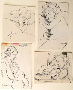 Charles Ragland Bunnell, Pen/Ink Drawings: , Charles Ragland Bunnell (1897-1968) 4 Pen/ink Drawings, Signed, Various Sizes, 4 1/2" X 3 1/2", (7658)