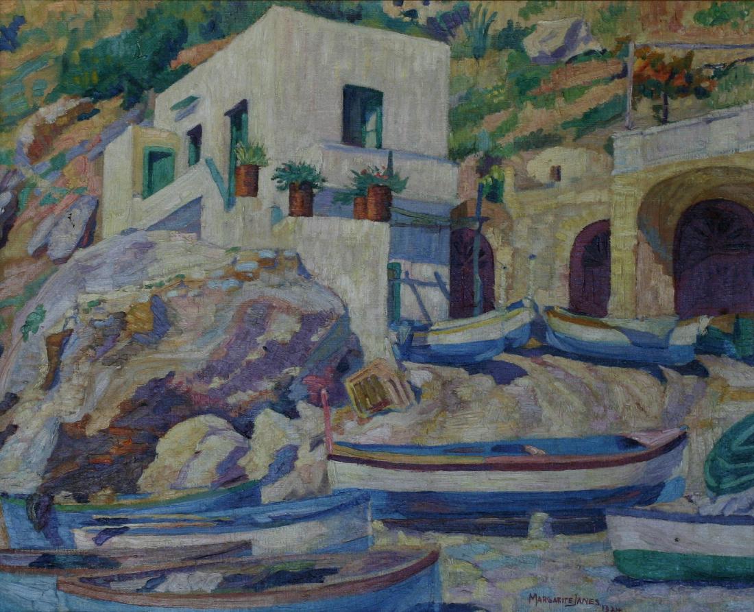 Margarite Janes (1916-?), Oil on Linen,: British artist, Oceanside village and boats, 18" x 22", signed lower right, '1924. -562909-B