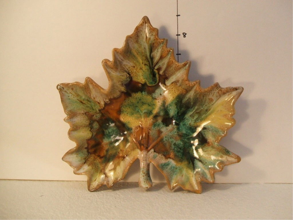 Van Briggle Maple Leaf Candy Dish: Van Briggle Maple Leaf Candy Dish, "Anna Van Briggle Line", Honey Gold Color Variation, Some Minor Chips on Edges 9 1/2" x 9",