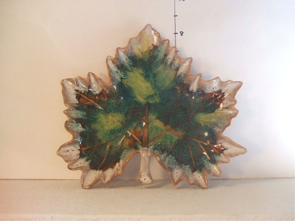 Van Briggle Maple Leaf Candy Dish: Van Briggle Maple Leaf Candy Dish, "Anna Van Briggle Line", Honey Gold Color Variation, Some Minor Chips on Edges, 9 1/2" x 9",