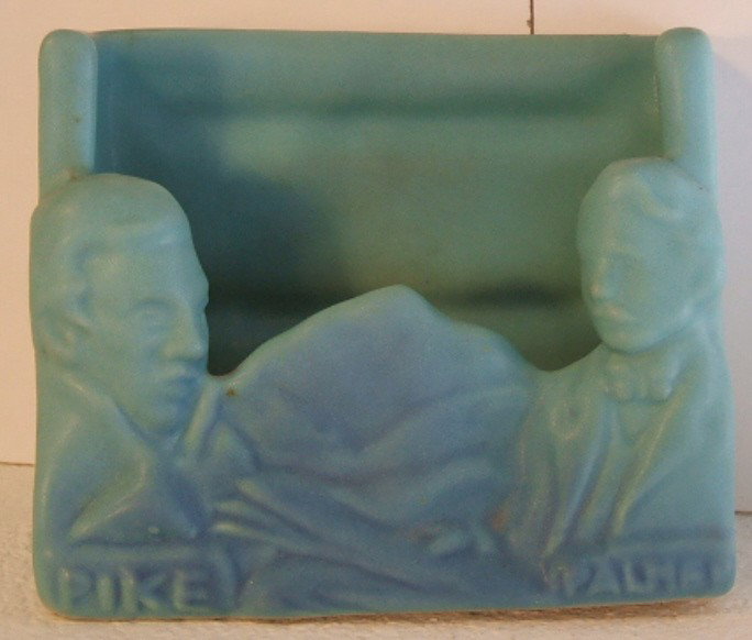 Van Briggle Brochure Holder - Pikes Peak: Van Briggle Brochure Holder Pikes Peak, Zebulon Pike, General Palmer Design, Ming Turquoise Color, 5 1/4" Long x 4 1/4" Tall x 2 3/4" Wide,
