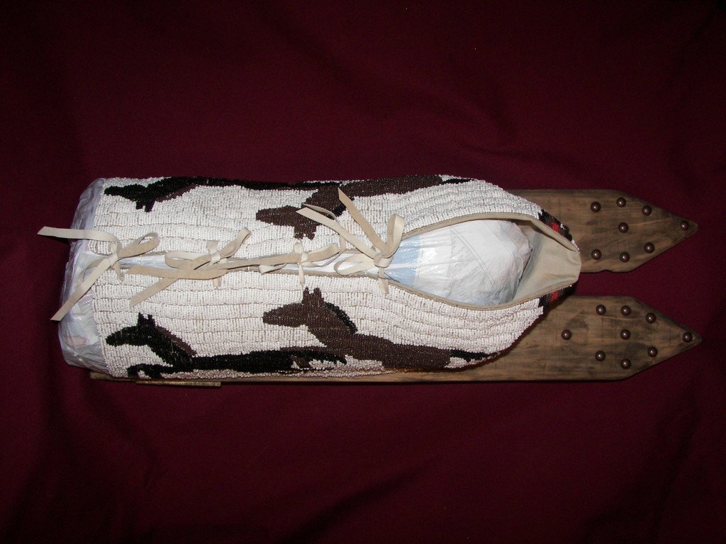 Fully Beaded Cradleboard: Fully Beaded Cradleboard, Traditional Style Handcrafted Baby Carrier with Lazy-Stitch Beaded Body Depicting Running Pony's, Very Good New Condition, Late 1900's,