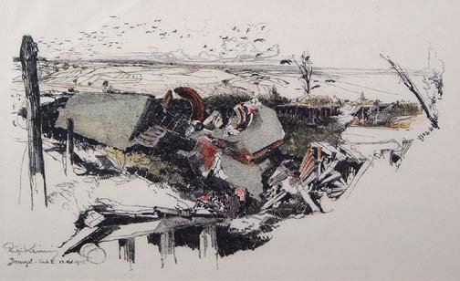 Luigi Kasimir Tinted Etching: Luigi Kasimir (1881-1962) (California) Tinted Etching, "Destroyed Building", 6.5" x 10", Pencil Signed Lower Left, Estimate: $100- $200