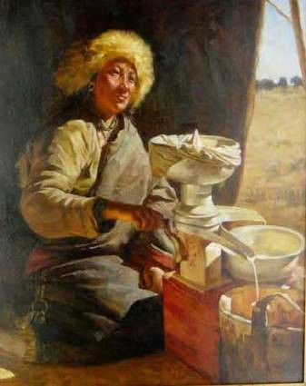 Large Jie Wei Zhou Oil on Canvas: Jie Wei Zhou (New Mexico and Colorado), Oil on Canvas, "Mongolian Woman Working", 30" x 24", Signed Lower Right, Estimate: $5000- $7000