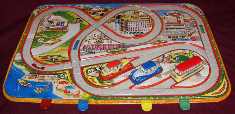 Technofix #295 "Traffic Control": Technofix #295 "Traffic Control", Litho Toy Racetrack with Two Cars and One Bus, Blue Car has Small Dent in Top, Artwork Very Good Condition, Would Appear to be Missing Two Signs, Estimate: $50- $100