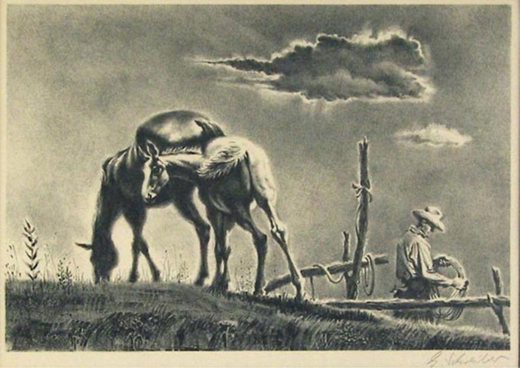 Georges Schreiber Stone Lithograph: Georges Schreiber (1904-1977) (New York), Stone Lithograph, "Mare and Colt", Image Size 9 1/4" x 13 3/4", Pencil Signed Lower Left, AAA Label, Estimate: $200- $300