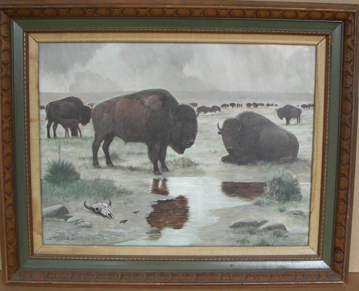 Charles Damrow, Oil: Charles Damrow, Oil on Board, Herd of Buffalo on the Prairie, 18" x 24", Signed Lower Left