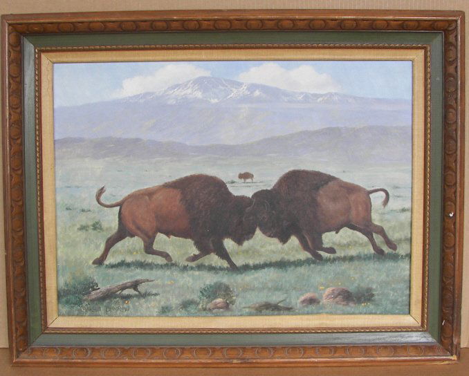 Charles Damrow, Oil: (7578) Charles Damrow, Oil on Board, Of Two Buffalo Fighting Pikes Peak in the Background,, 19" x 26", Signed Lower Left