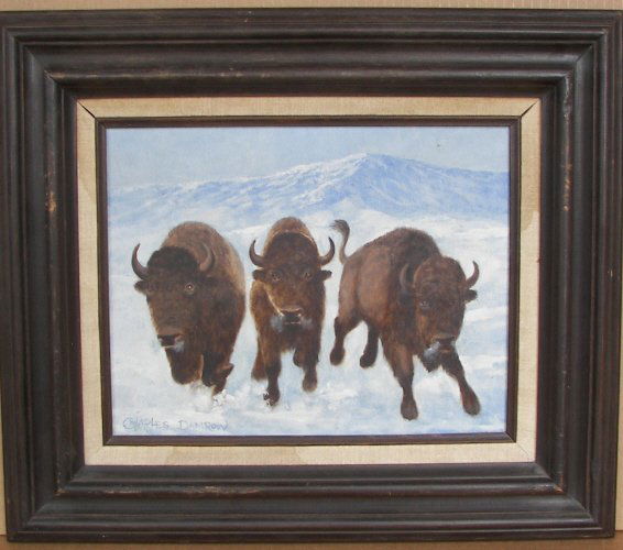 Charles Damrow, Oil: (7518) Charles Damrow, Oil On Board, 3 Charging Buffalo with Pikes Peak in the Background, 11" x 14", Signed Lower Left