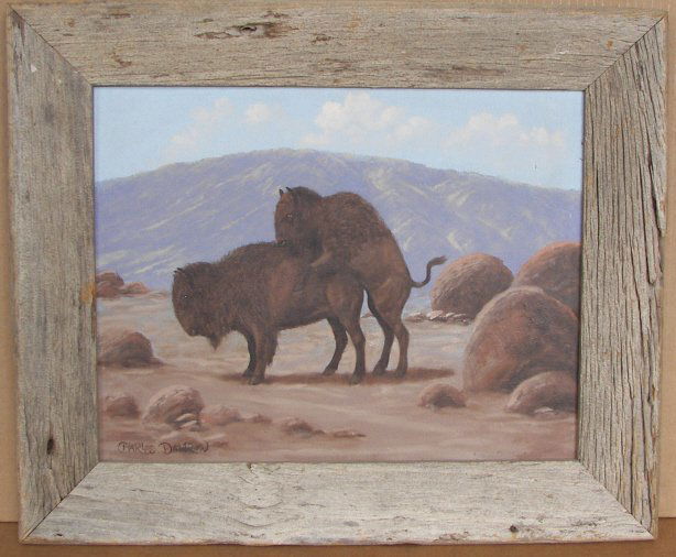 Charles Damrow, Oil: (7583) Charles Damrow, Oil on Board, Buffalo Pair Having a Romantic Interlude,13 1/2" x 17", Signed Lower Left