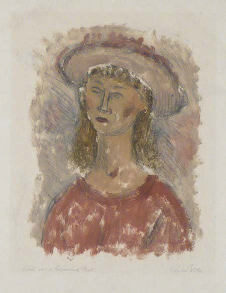 Edgar Britton, Monoprint: (7756) Edgar Britton (1901-1982) Monoprint, "Girl in a Flowered Hat", image 11"x 8 1/2", sheet 14 1/2" x 10 1/2", Signed Lower Right