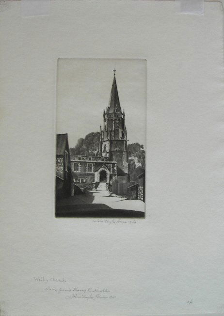 John Taylor Arms, Etching: (2327) John Taylor Arms (1887-1953), Limited Edition Etching, "Wilby Church", image 4 1/4" x 2 3/8" , Sheet 8 1/2" x 6" , Signed Lower Right, 1940 , numbered 9/21