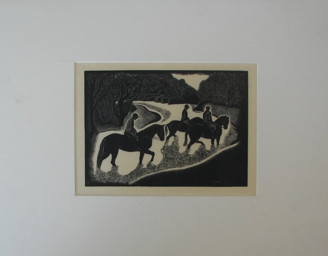 Barbara Latham, Engraving: (7151) Barbara Latham Wood, engraving, "Fording the Stream", 1986, 7" x 9.5" sight, signed lower right