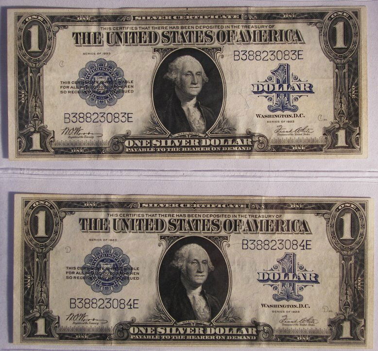 $1 Dollar Bills, Set Of Two: (7553) Set Of Two $1 Dollar Bills, Large Size, Silver Certificate, 1923 Series, Sequential Serial Numbers, Excellent Condition