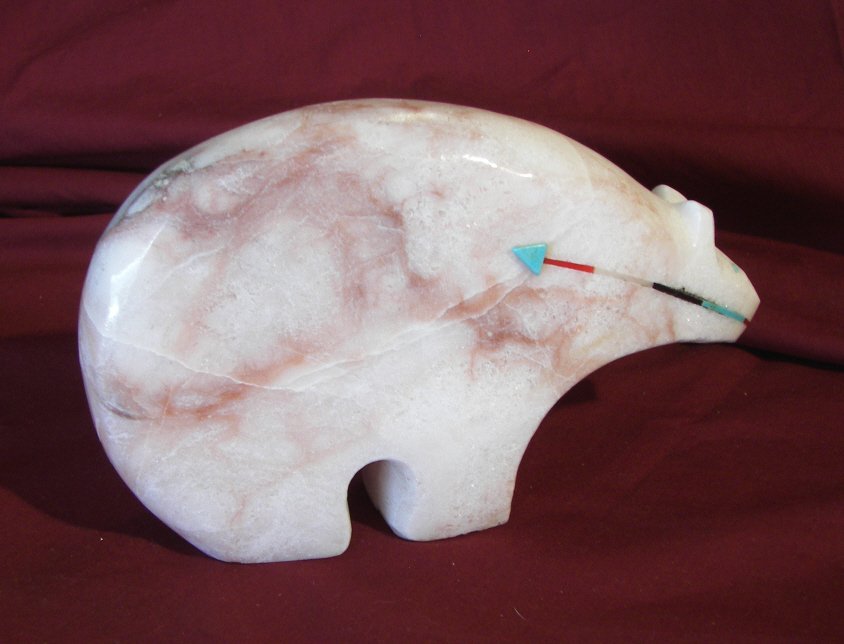 Fetish Carving Alabaster With Turquoise Inlay: , Fetish Carving , Alabaster With Turquoise Inlay , Fetish Carving , 7" Tall x 4 1/2" Wide , Unsigned , (7516)