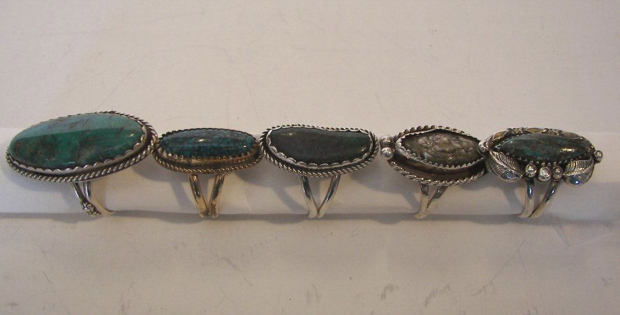 Set Of Five Turquoise And Silver Rings: (7736) Set Of Five Laidies Rings 4 Turquoise And Silver Rings, One Abalone And Silver
