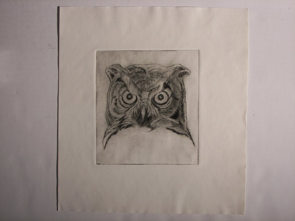 Annie Lee Ross Intaglio Etching: , Annie Lee Ross , Intaglio Etching , Owl Face , 5 1/2" x 5" , Unsigned , (7798)