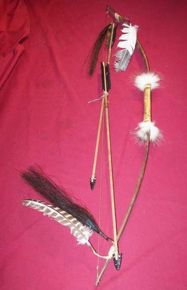 Bow and Two Arrows Wood with Obsidian Arrowheads: , Bow and Two Arrows , Wood with Obsidian Arrowheads , Vintage Bow With Two Arrows , Bow 46" Arrows 30" , (7501)