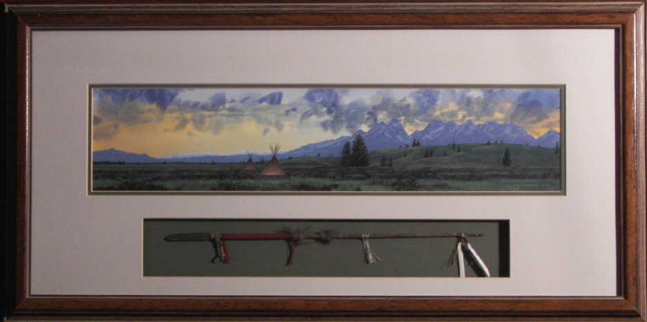 Guy Rowbury, Mixed Media: , Guy Rowbury, , Mixed Media , Landscape, with minature lance , Goauche 5" x 20" Lance 14" long , Signed Lower Right , (7532)
