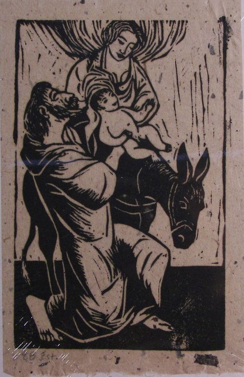Edgar Britton, Woodblock: Edgar Britton, Woodblock Edgar Britton, Woodblock, Madonna and child seated on a donkey, 8" x 5", Estate signed lower left,