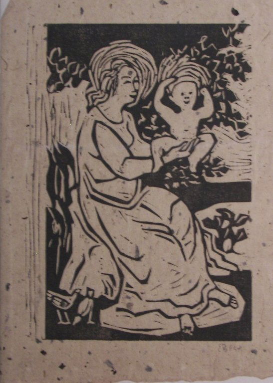 Edgar Britton, Woodblock: Edgar Britton, Woodblock Edgar Britton, Woodblock, Madonna and child, with two birds in the foreground, 8-1/2" x 6", Estate signed lower right,