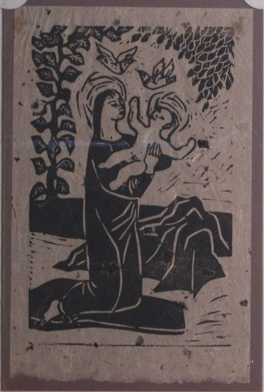 Edgar Britton, Woodblock: Edgar Britton, Woodblock Edgar Britton, Woodblock, Madonna and child, Two birds flying above their head, 8-1/4" x 6-1/4", Signed E.B. lower right,