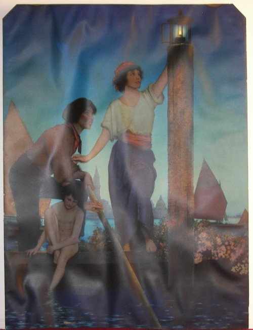 Maxfield Parrish (1870-1966), Vintage print,: Maxfield Parrish (1870-1966), Vintage print, Maxfield Parrish, 1870-1966, Vintage print, "The Venetian Lamplighter", 18-1/2" X 14", Water damage to paper but image still bright and intact, Minor damag
