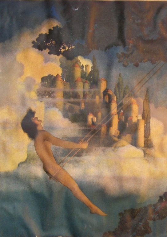 Maxfield Parrish (1870-1966), Print,: Maxfield Parrish (1870-1966), Print, Maxfield Parrish (1870-1966), Vintage original print, "Dinky Bird" 1905, Very ornate Art Nouveau original frame, print damaged beyond repair, Frame repairable, 15"