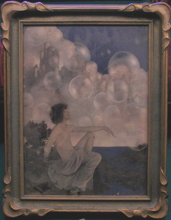 Maxfield Parrish (1870-1966), "Air Castles" 1905,: Maxfield Parrish (1870-1966), "Air Castles" 1905, Maxfield Parrish (1870-1966), Vintage print, "Air Castles" 1905, Severe water damage to print, original "Fred's Gift Art Shop' sticker on verso, 15" x