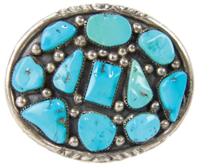 Zuni Belt Buckle, by John & Rosalie Bowanie: Zuni Belt Buckle, by John & Rosalie Bowanie , (6123) Zuni Belt Buckle, - John & Rosalie Bowannie, Beautiful all-silver platform buckle set with eleven lightly carved turquoise stones. Very good condit