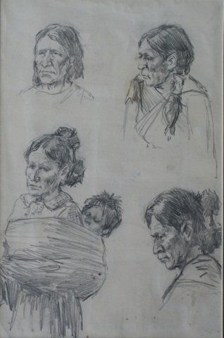 Graphite Drawing: Graphite drawing of 4 portraits, attributed to Joseph Henry Sharp 8-1/2" x 5-1/2" sight, nicely framed and matted under glass