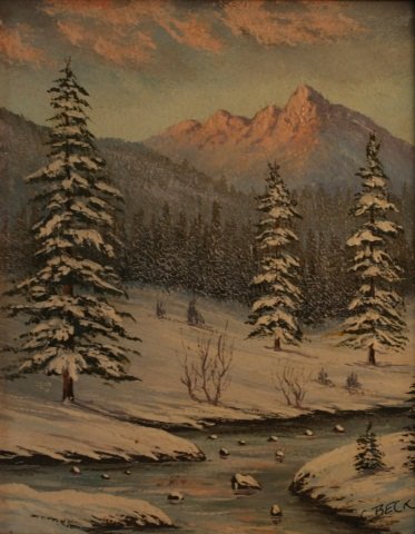 Carl Beck (Denver), Oil on Board: Carl Beck, oil on board, landscape, snow forest on an alpenglow peak, 9-1/4" x 7-1/4", signed lower right, 532006