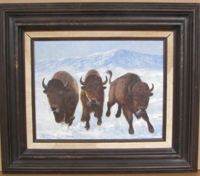 Charles Damrow, Oil: Charles Damrow, Oil On Board, 3 Charging Buffalo With Pikes Peak In The Background, 11" X 14", Signed Lower Left, (7581)