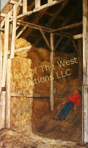 Richard Loehle (1923-2011), Oil on Board,: "Hay," boy in a hay barn, 21" x 35", -562065-F