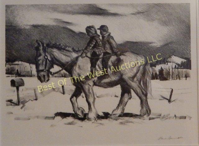 Paul Sample (1896-1974), Lithograph,: "Rural Delivery", two boys on a horse, 10-1/2" x 14" sight size, pencil signed lower right, this lithograph was issued by Associated American Artists, quality frame and mat under glass, -222838-