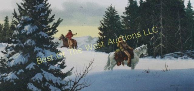 Gerry Metz (1943-), Oil on Board: hunters on snow covered forest, 7-1/2 x 15-1/2", signed lower right -562622-B